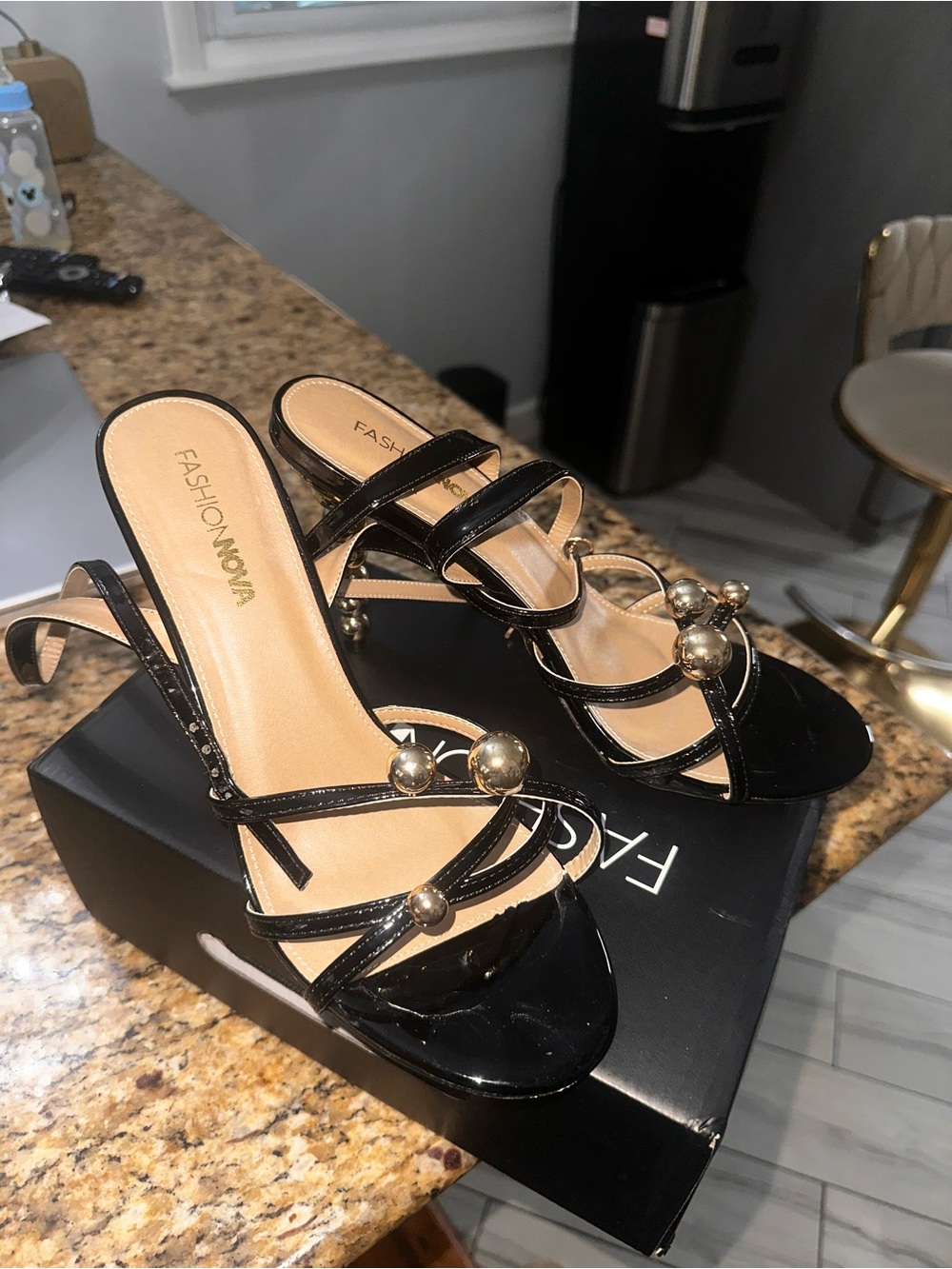 Fashion Nova Black Patent Strappy Heels with Gold Orb Accents